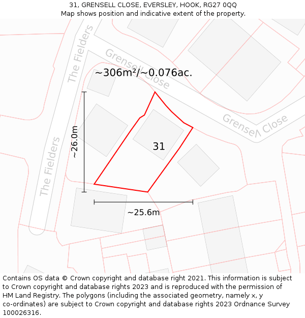 31, GRENSELL CLOSE, EVERSLEY, HOOK, RG27 0QQ: Plot and title map