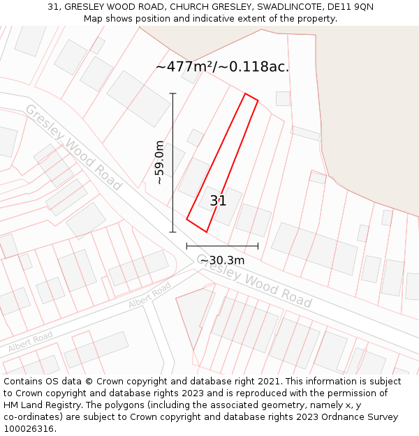 31, GRESLEY WOOD ROAD, CHURCH GRESLEY, SWADLINCOTE, DE11 9QN: Plot and title map