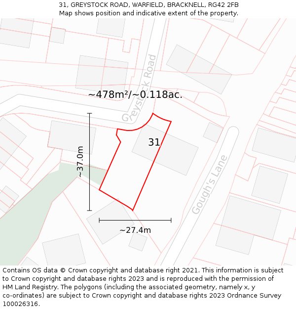 31, GREYSTOCK ROAD, WARFIELD, BRACKNELL, RG42 2FB: Plot and title map