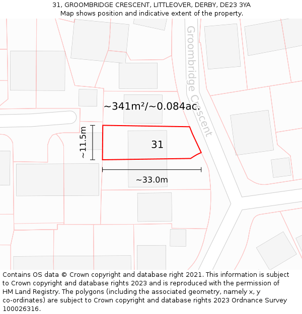 31, GROOMBRIDGE CRESCENT, LITTLEOVER, DERBY, DE23 3YA: Plot and title map