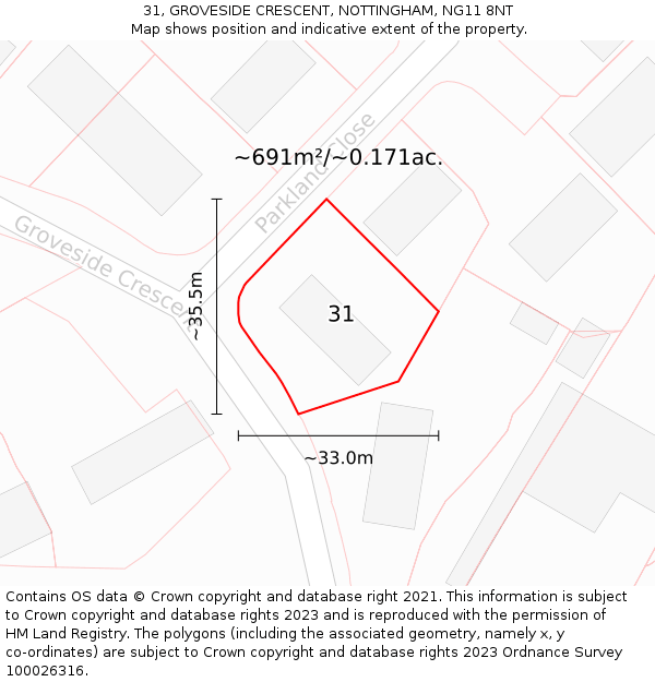 31, GROVESIDE CRESCENT, NOTTINGHAM, NG11 8NT: Plot and title map