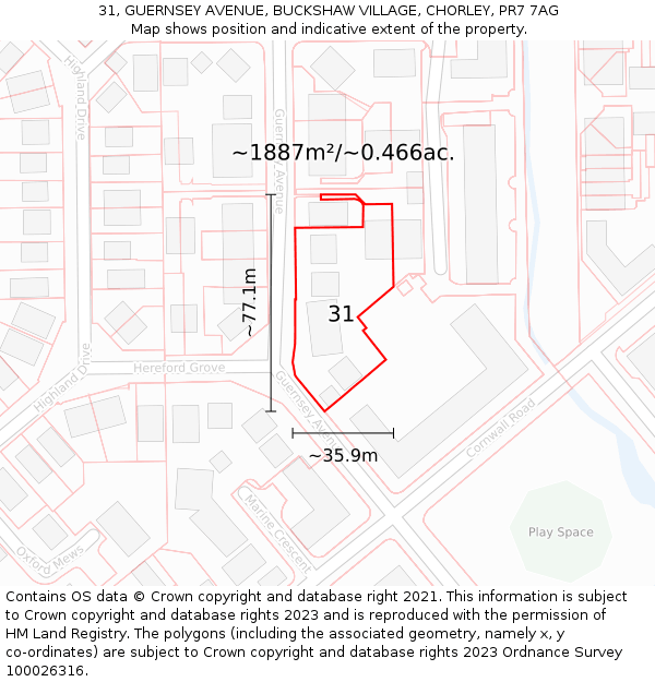31, GUERNSEY AVENUE, BUCKSHAW VILLAGE, CHORLEY, PR7 7AG: Plot and title map