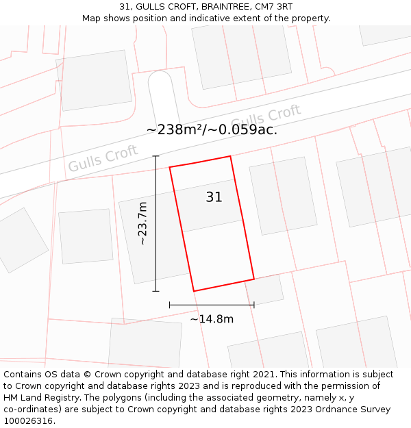 31, GULLS CROFT, BRAINTREE, CM7 3RT: Plot and title map