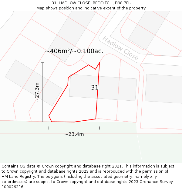 31, HADLOW CLOSE, REDDITCH, B98 7FU: Plot and title map