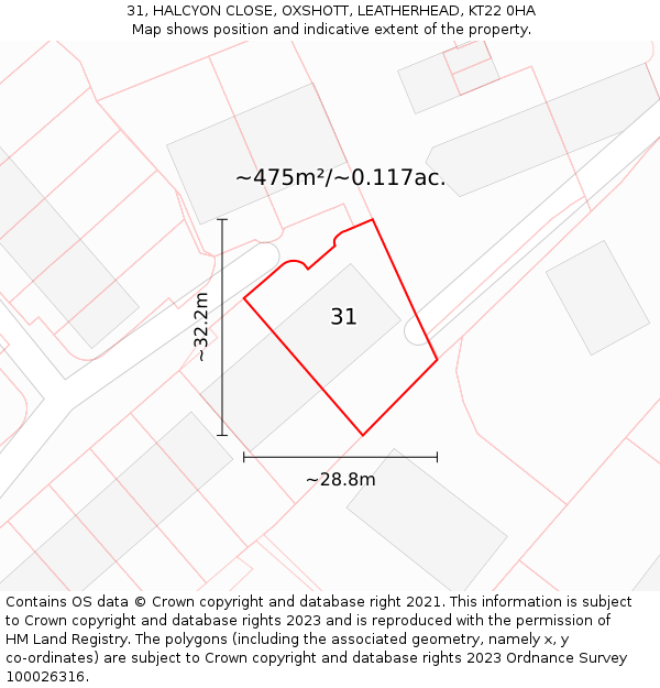 31, HALCYON CLOSE, OXSHOTT, LEATHERHEAD, KT22 0HA: Plot and title map
