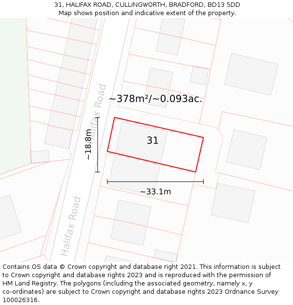 31, HALIFAX ROAD, CULLINGWORTH, BRADFORD, BD13 5DD: Plot and title map