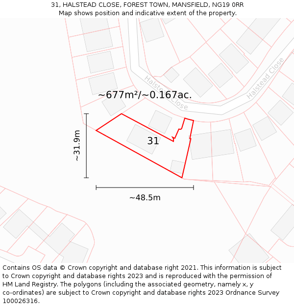 31, HALSTEAD CLOSE, FOREST TOWN, MANSFIELD, NG19 0RR: Plot and title map