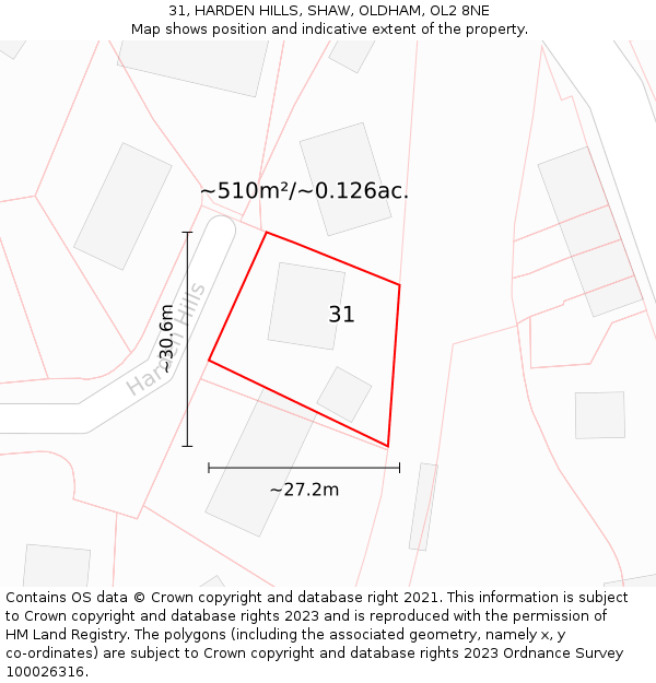 31, HARDEN HILLS, SHAW, OLDHAM, OL2 8NE: Plot and title map