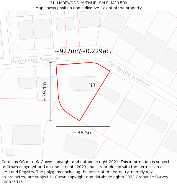 31, HAREWOOD AVENUE, SALE, M33 5BX: Plot and title map