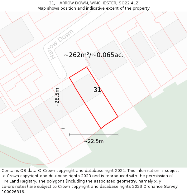 31, HARROW DOWN, WINCHESTER, SO22 4LZ: Plot and title map