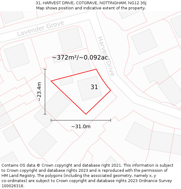 31, HARVEST DRIVE, COTGRAVE, NOTTINGHAM, NG12 3SJ: Plot and title map