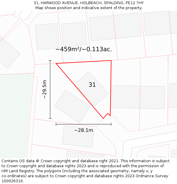 31, HARWOOD AVENUE, HOLBEACH, SPALDING, PE12 7HY: Plot and title map