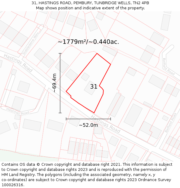 31, HASTINGS ROAD, PEMBURY, TUNBRIDGE WELLS, TN2 4PB: Plot and title map