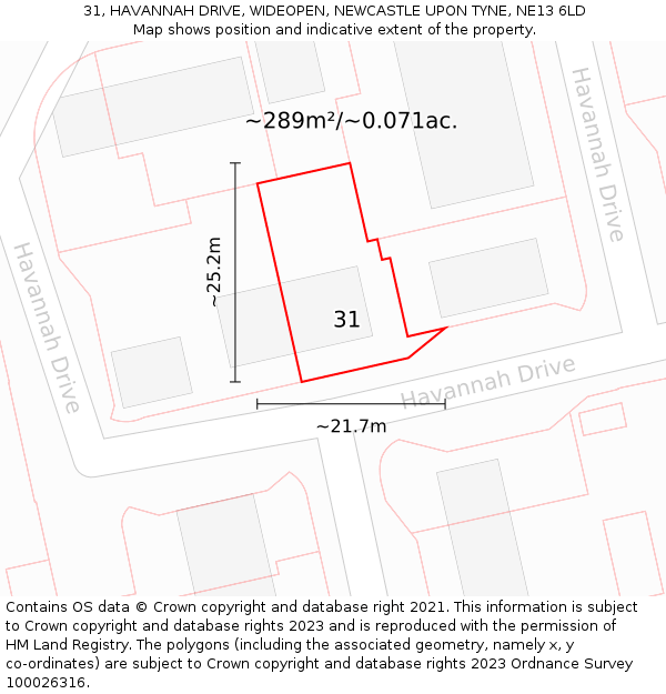31, HAVANNAH DRIVE, WIDEOPEN, NEWCASTLE UPON TYNE, NE13 6LD: Plot and title map