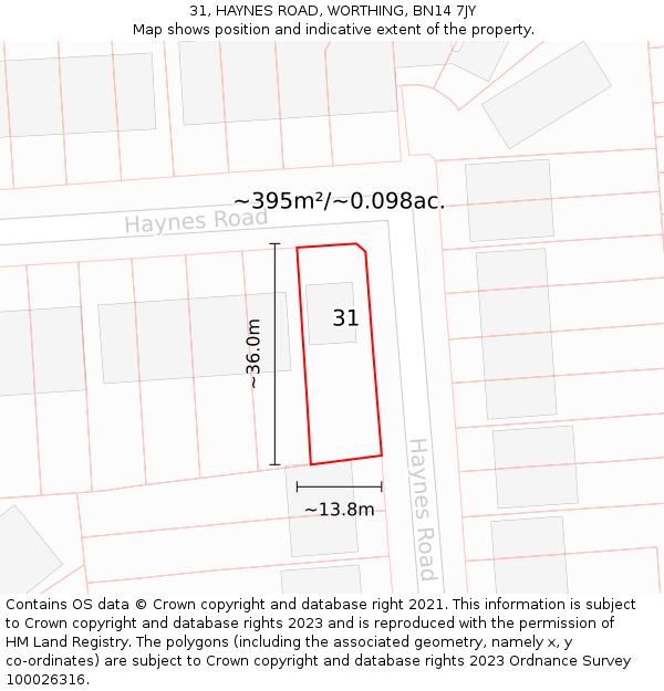 31, HAYNES ROAD, WORTHING, BN14 7JY: Plot and title map