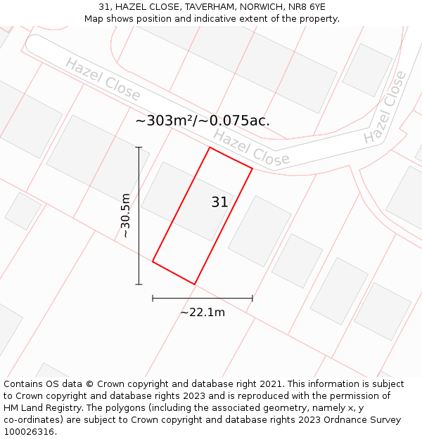 31, HAZEL CLOSE, TAVERHAM, NORWICH, NR8 6YE: Plot and title map