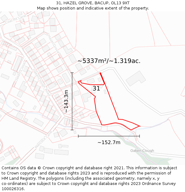 31, HAZEL GROVE, BACUP, OL13 9XT: Plot and title map