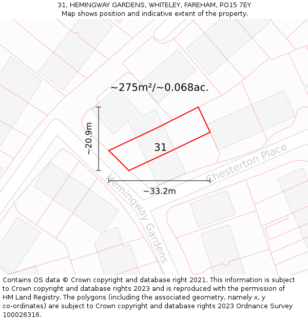 31, HEMINGWAY GARDENS, WHITELEY, FAREHAM, PO15 7EY: Plot and title map
