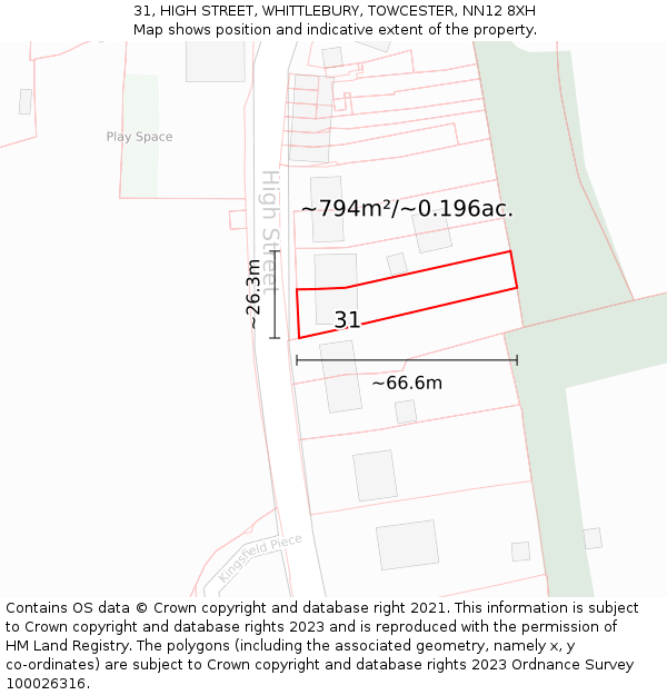 31, HIGH STREET, WHITTLEBURY, TOWCESTER, NN12 8XH: Plot and title map