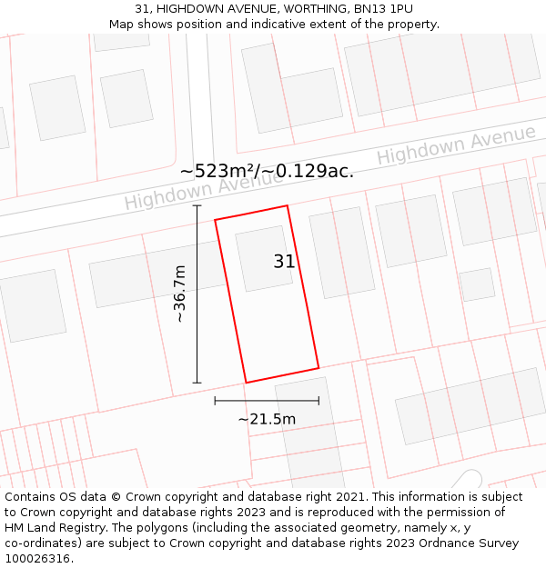 31, HIGHDOWN AVENUE, WORTHING, BN13 1PU: Plot and title map