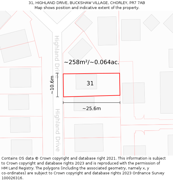 31, HIGHLAND DRIVE, BUCKSHAW VILLAGE, CHORLEY, PR7 7AB: Plot and title map