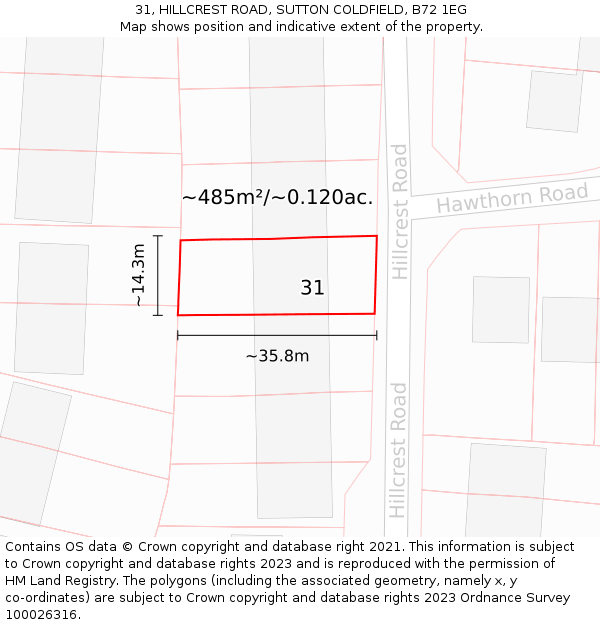 31, HILLCREST ROAD, SUTTON COLDFIELD, B72 1EG: Plot and title map