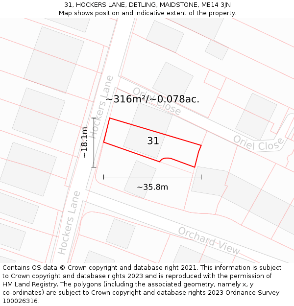 31, HOCKERS LANE, DETLING, MAIDSTONE, ME14 3JN: Plot and title map