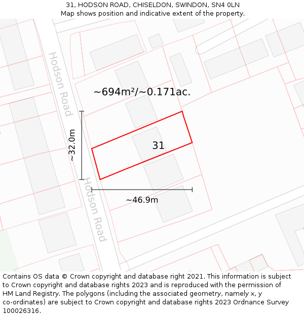 31, HODSON ROAD, CHISELDON, SWINDON, SN4 0LN: Plot and title map