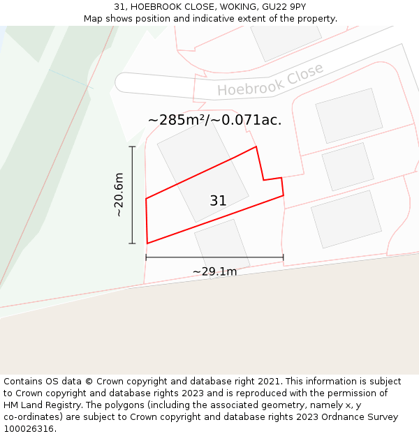 31, HOEBROOK CLOSE, WOKING, GU22 9PY: Plot and title map
