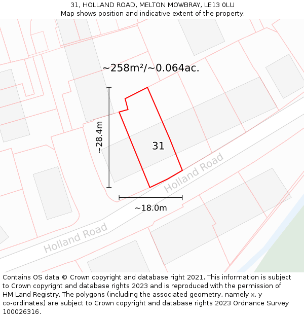 31, HOLLAND ROAD, MELTON MOWBRAY, LE13 0LU: Plot and title map