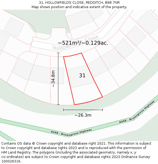 31, HOLLOWFIELDS CLOSE, REDDITCH, B98 7NR: Plot and title map