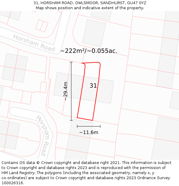 31, HORSHAM ROAD, OWLSMOOR, SANDHURST, GU47 0YZ: Plot and title map