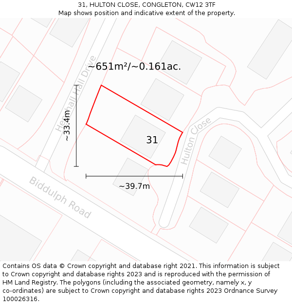 31, HULTON CLOSE, CONGLETON, CW12 3TF: Plot and title map