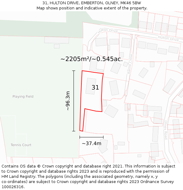 31, HULTON DRIVE, EMBERTON, OLNEY, MK46 5BW: Plot and title map