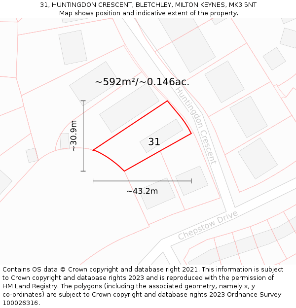 31, HUNTINGDON CRESCENT, BLETCHLEY, MILTON KEYNES, MK3 5NT: Plot and title map