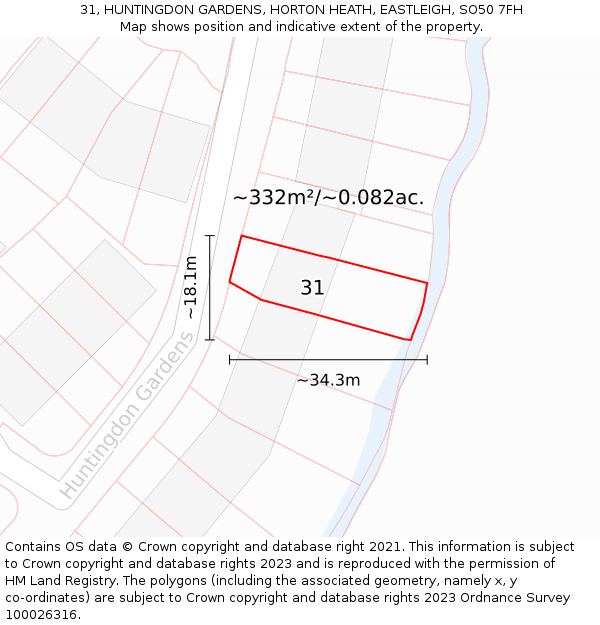 31, HUNTINGDON GARDENS, HORTON HEATH, EASTLEIGH, SO50 7FH: Plot and title map