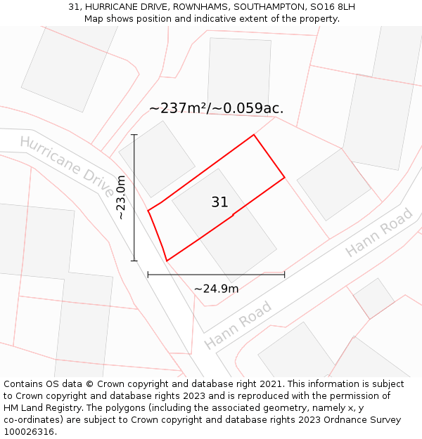 31, HURRICANE DRIVE, ROWNHAMS, SOUTHAMPTON, SO16 8LH: Plot and title map