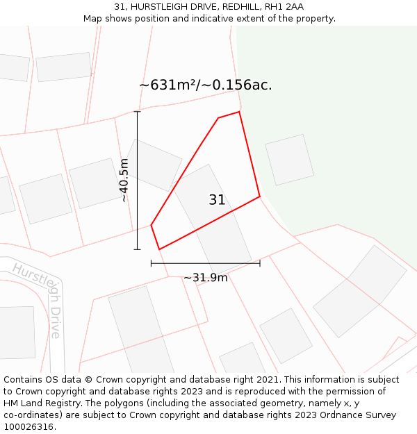 31, HURSTLEIGH DRIVE, REDHILL, RH1 2AA: Plot and title map