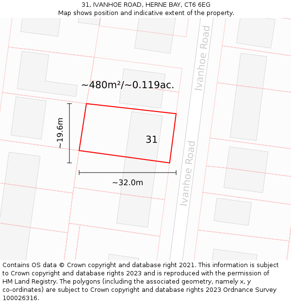 31, IVANHOE ROAD, HERNE BAY, CT6 6EG: Plot and title map