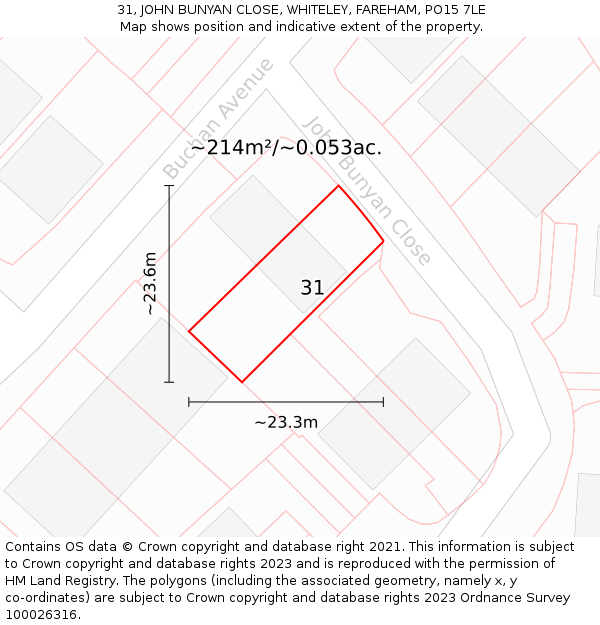 31, JOHN BUNYAN CLOSE, WHITELEY, FAREHAM, PO15 7LE: Plot and title map
