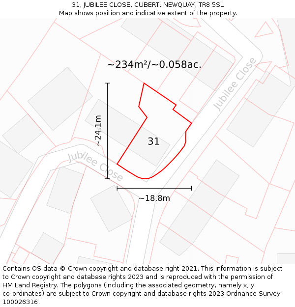 31, JUBILEE CLOSE, CUBERT, NEWQUAY, TR8 5SL: Plot and title map