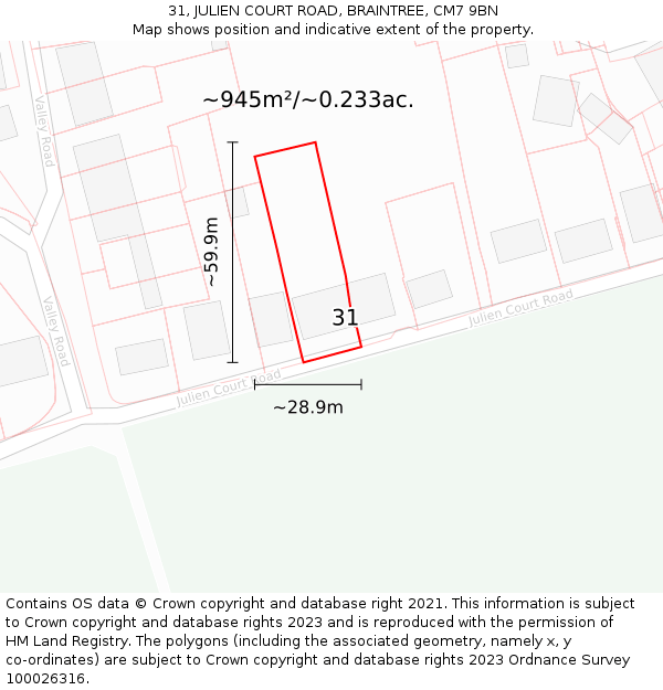 31, JULIEN COURT ROAD, BRAINTREE, CM7 9BN: Plot and title map