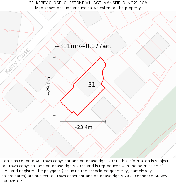 31, KERRY CLOSE, CLIPSTONE VILLAGE, MANSFIELD, NG21 9GA: Plot and title map