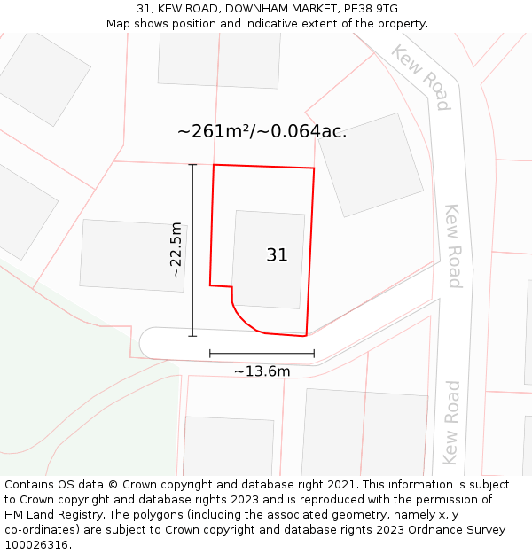31, KEW ROAD, DOWNHAM MARKET, PE38 9TG: Plot and title map