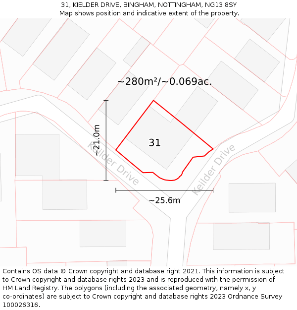 31, KIELDER DRIVE, BINGHAM, NOTTINGHAM, NG13 8SY: Plot and title map