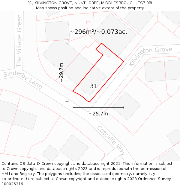 31, KILVINGTON GROVE, NUNTHORPE, MIDDLESBROUGH, TS7 0RL: Plot and title map
