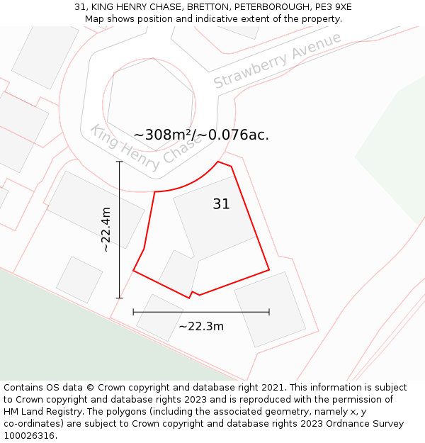 31, KING HENRY CHASE, BRETTON, PETERBOROUGH, PE3 9XE: Plot and title map