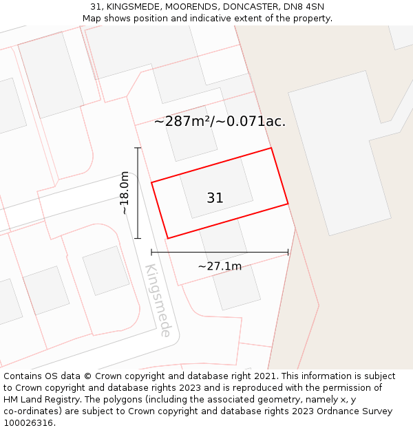 31, KINGSMEDE, MOORENDS, DONCASTER, DN8 4SN: Plot and title map