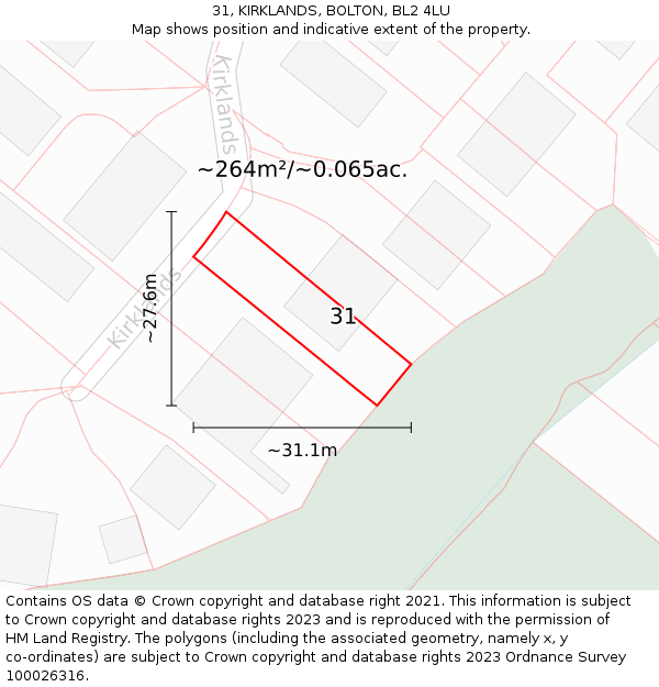 31, KIRKLANDS, BOLTON, BL2 4LU: Plot and title map