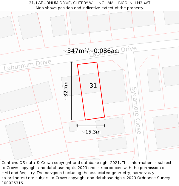31, LABURNUM DRIVE, CHERRY WILLINGHAM, LINCOLN, LN3 4AT: Plot and title map